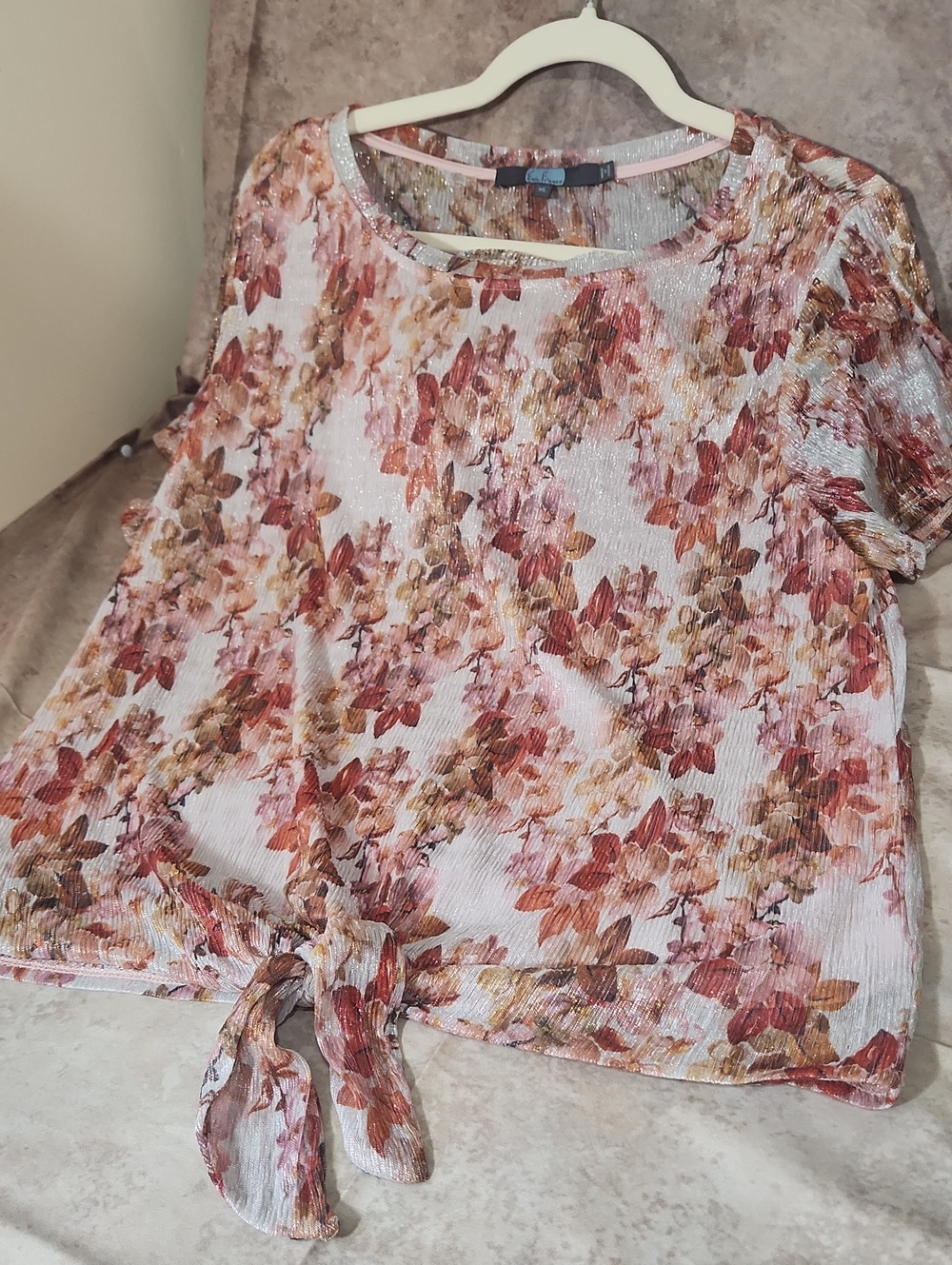 Eva Franco Pink Brown Floral Tie-Front Short Sleeve Blouse